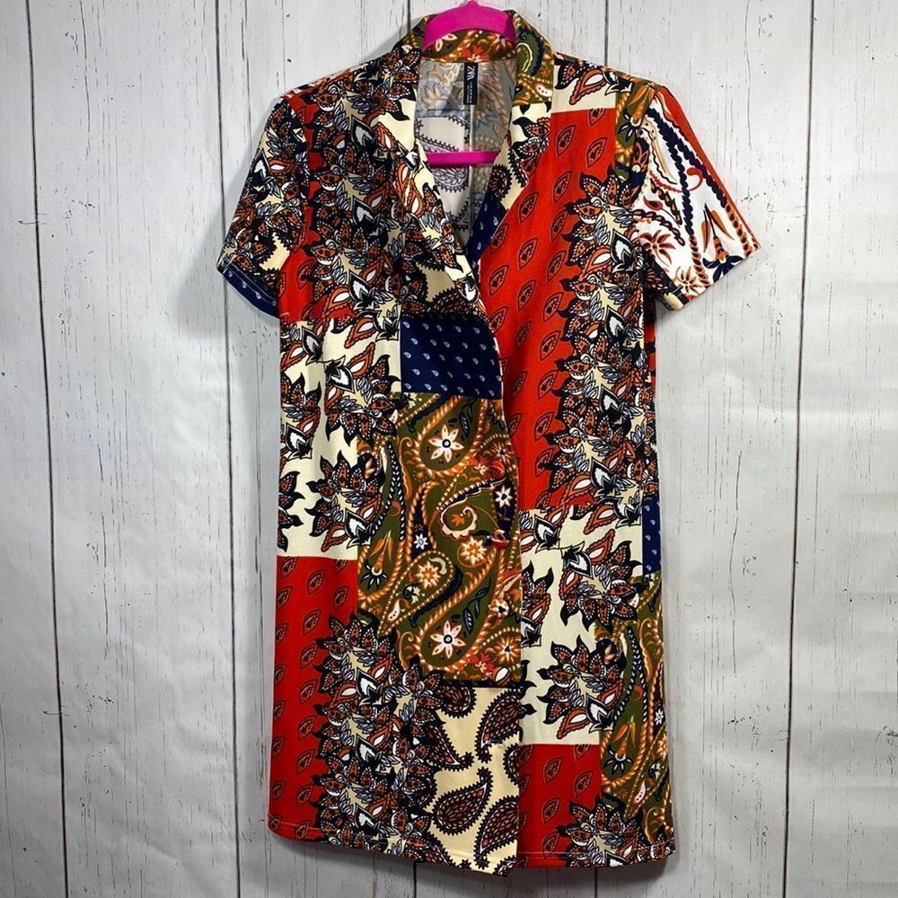 Zara Patchwork Paisley Shirt Dress Boho Retro Cottagecore Artsy Festival Retro